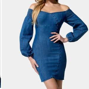 bebe Off-Shoulder Long Sleeve Denim Dress in Blue